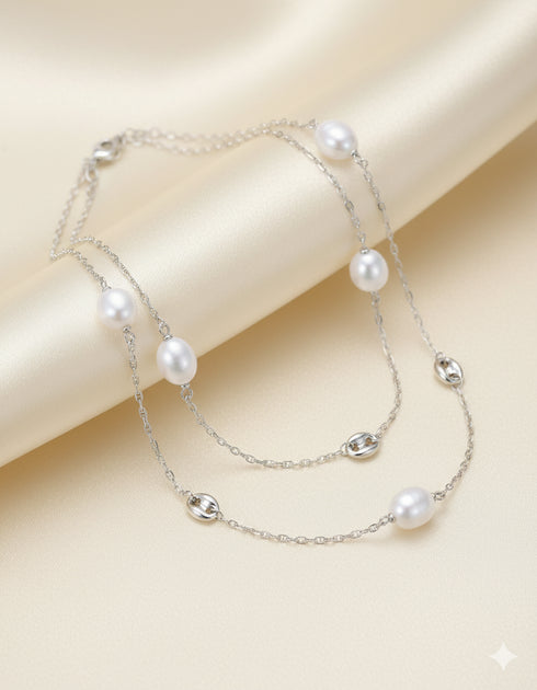 32-Inch Large Baroque Freshwater Pearl Silver Circle Links Necklace